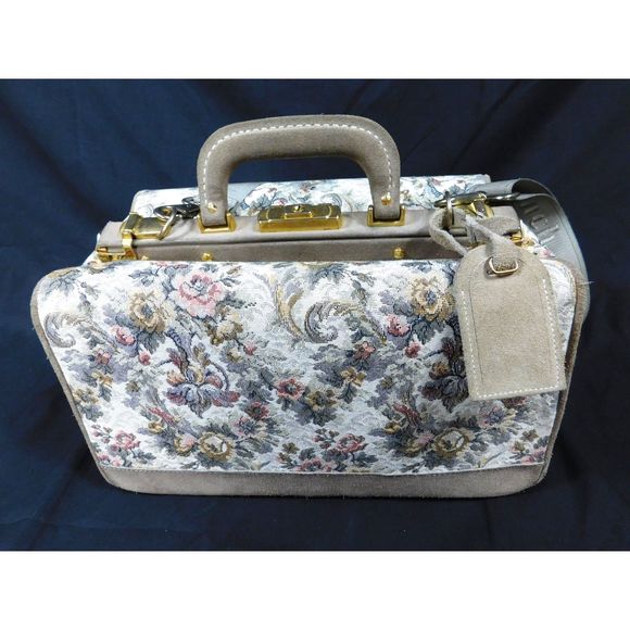 French Luggage Co. Tapestry Suede Rose Train Case Cosmetic Carry-On Doctor Bag - Picture 1 of 13